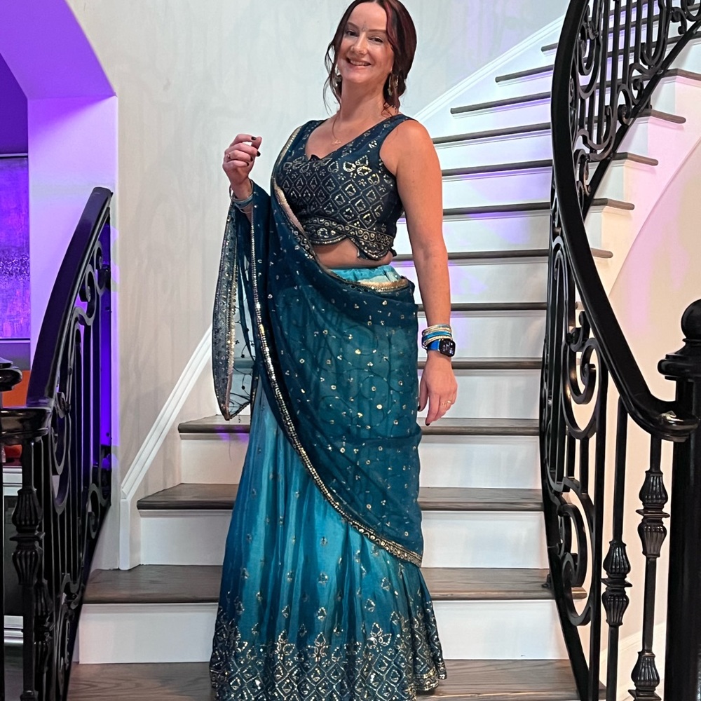 Lehenga Choli - 3 piece traditional Indian wedding guest outfit. Teal blue-ombré